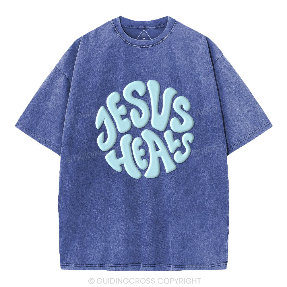 Jesus Heals Christian Puff Printed Washed T-Shirt