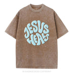 Jesus Heals Christian Puff Printed Washed T-Shirt