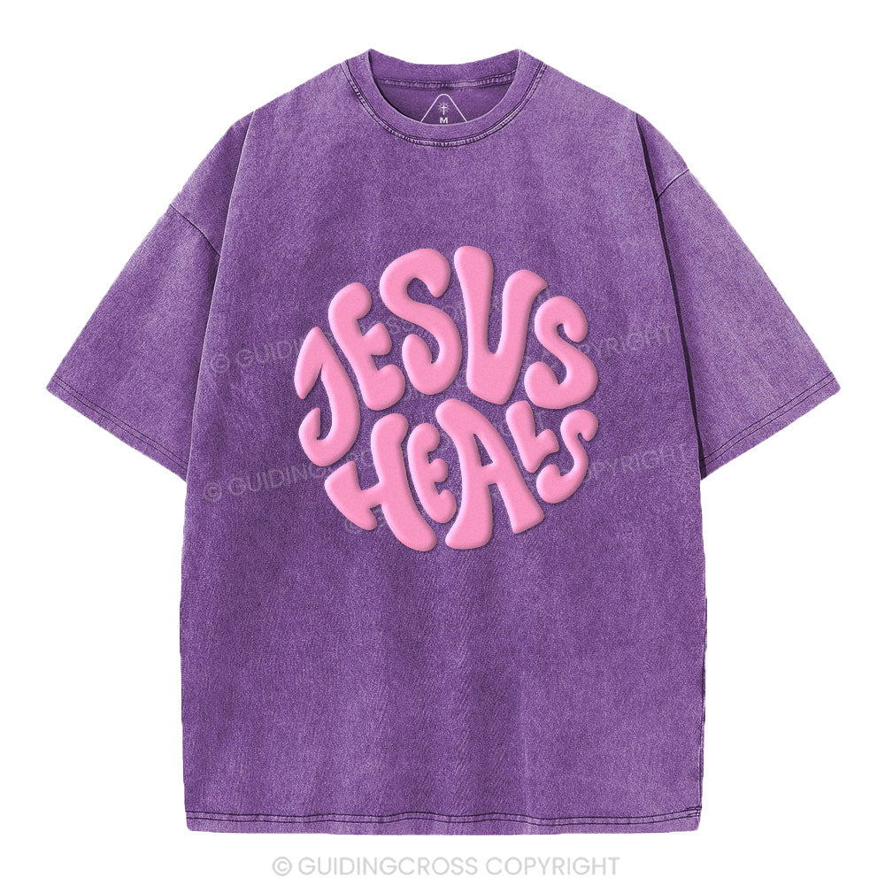 Jesus Heals Christian Puff Printed Washed T-Shirt
