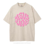 Jesus Heals Christian Puff Printed Washed T-Shirt