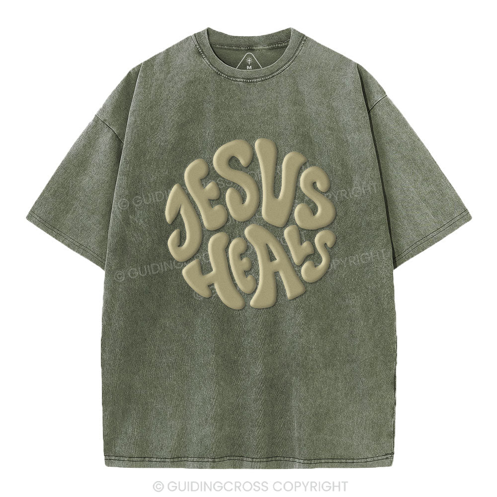 Jesus Heals Christian Puff Printed Washed T-Shirt