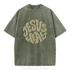 Jesus Heals Christian Puff Printed Washed T-Shirt