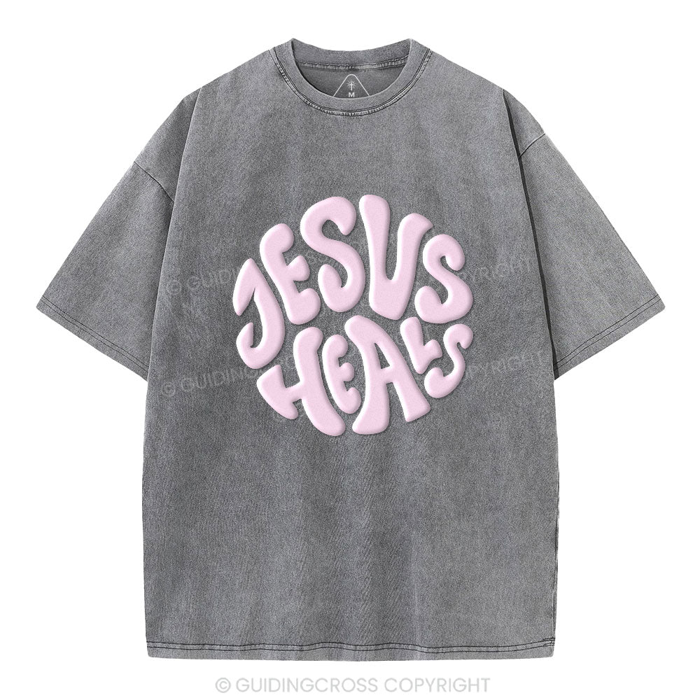 Jesus Heals Christian Puff Printed Washed T-Shirt