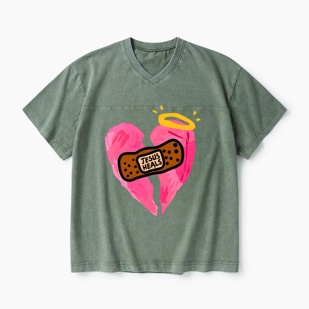 Jesus Heals Christian Washed V-Neck T-Shirt