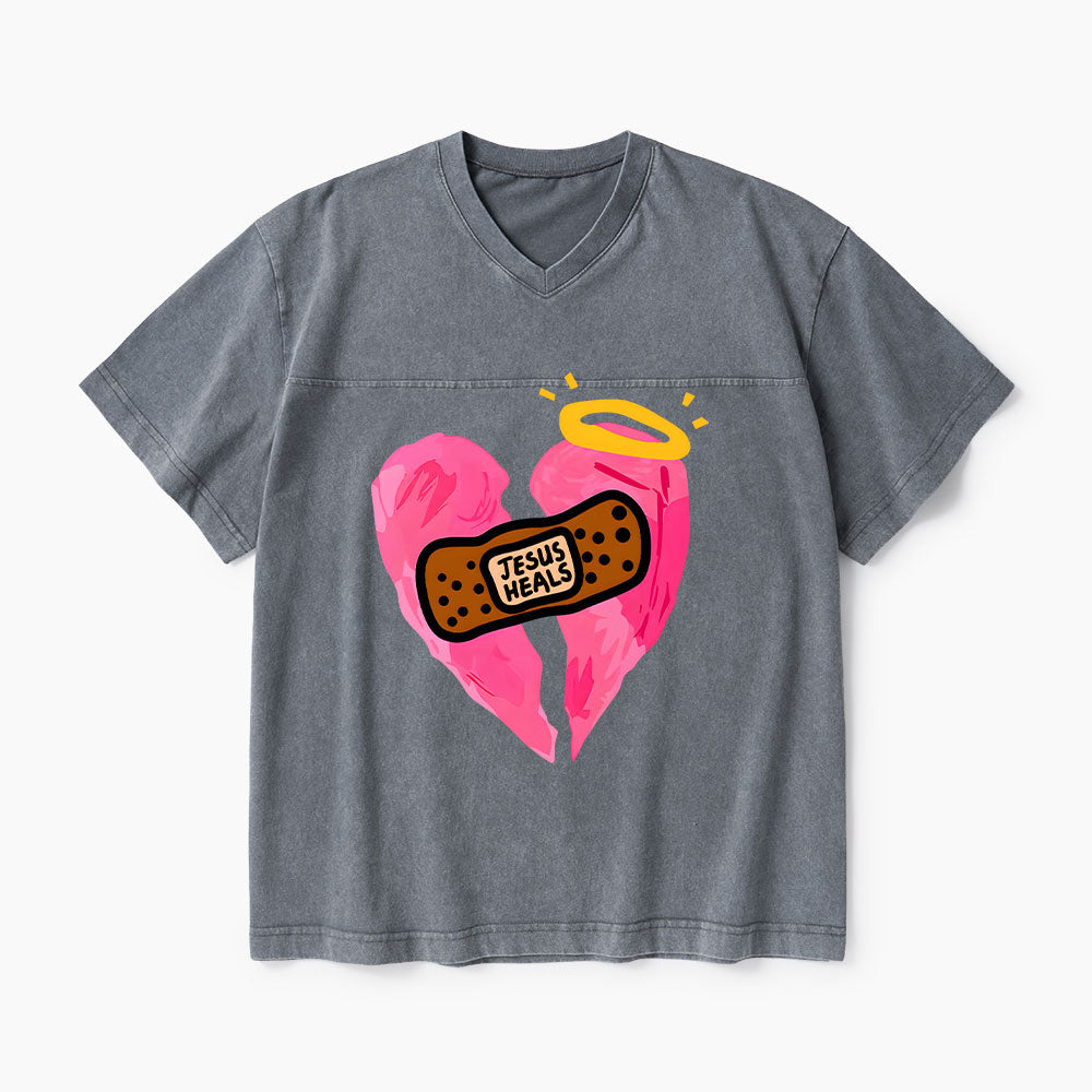 Jesus Heals Christian Washed V-Neck T-Shirt