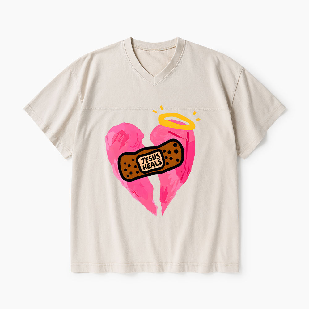 Jesus Heals Christian Washed V-Neck T-Shirt