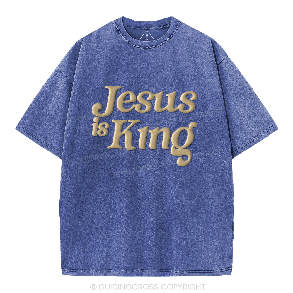 Jesus Is King Christian Puff Printed Washed T-Shirt