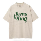 Jesus Is King Christian Puff Printed Washed T-Shirt