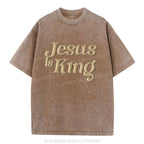 Jesus Is King Christian Puff Printed Washed T-Shirt