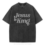 Jesus Is King Christian Puff Printed Washed T-Shirt