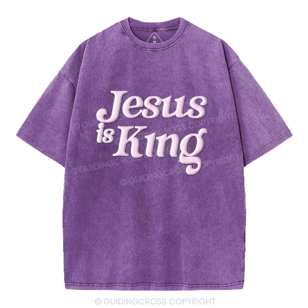 Jesus Is King Christian Puff Printed Washed T-Shirt