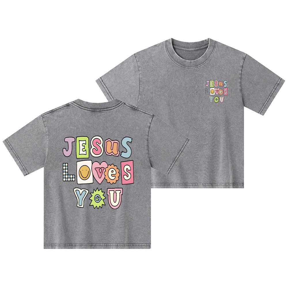 Jesus Loves God Christian Kid Washed T-Shirt