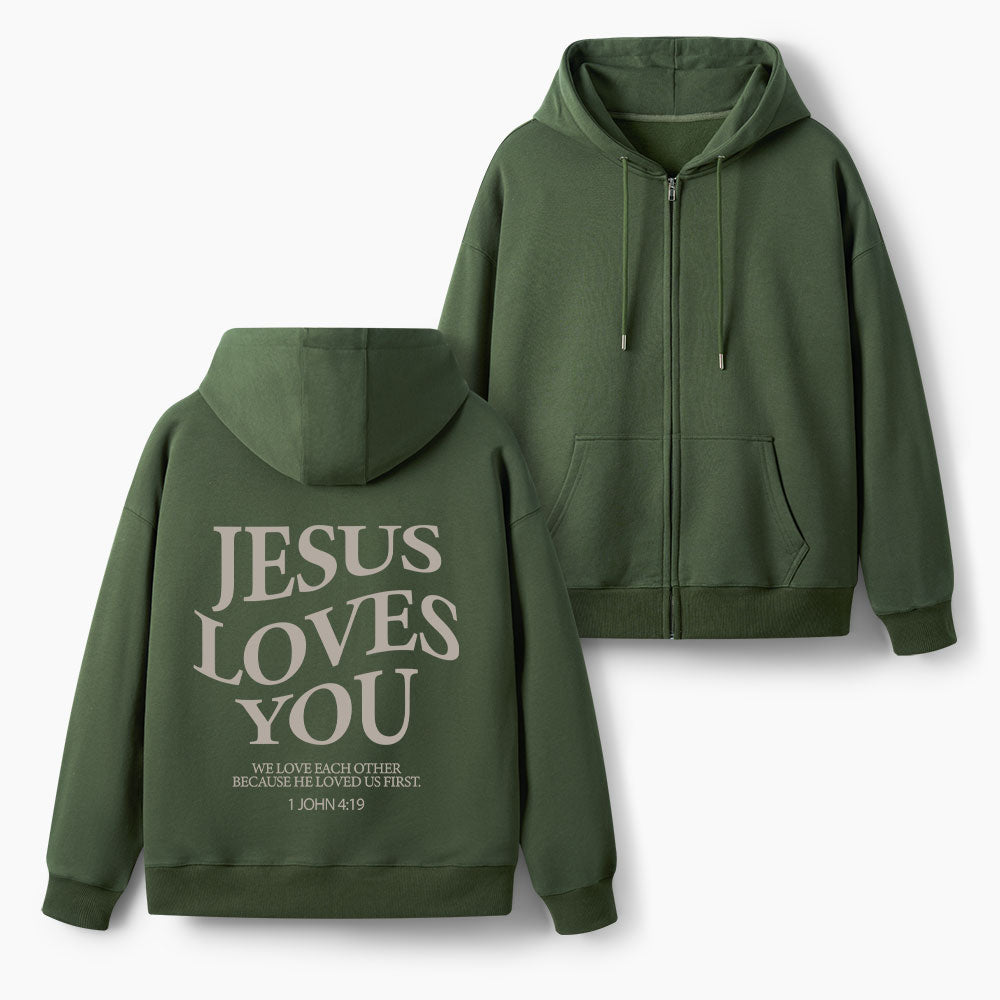 Jesus Loves You Christian Fleece-Lined Full-Zip Hoodie