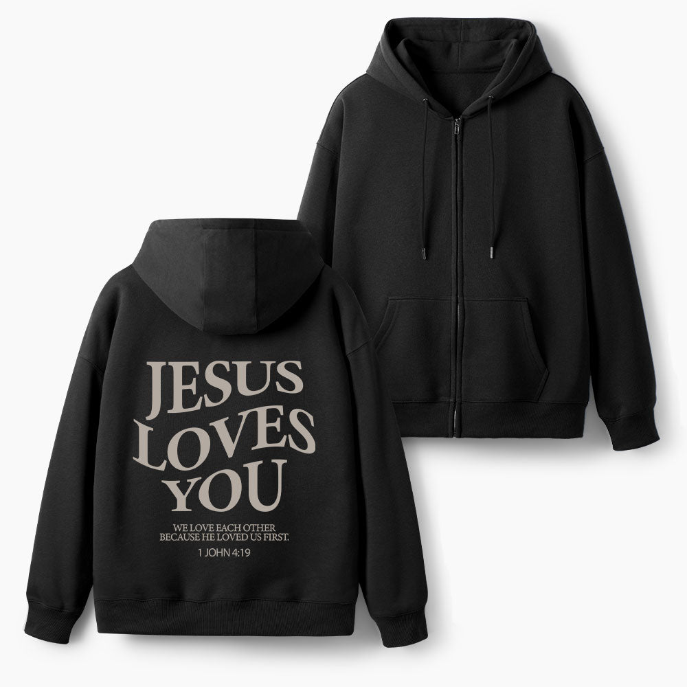 Jesus Loves You Christian Fleece-Lined Full-Zip Hoodie