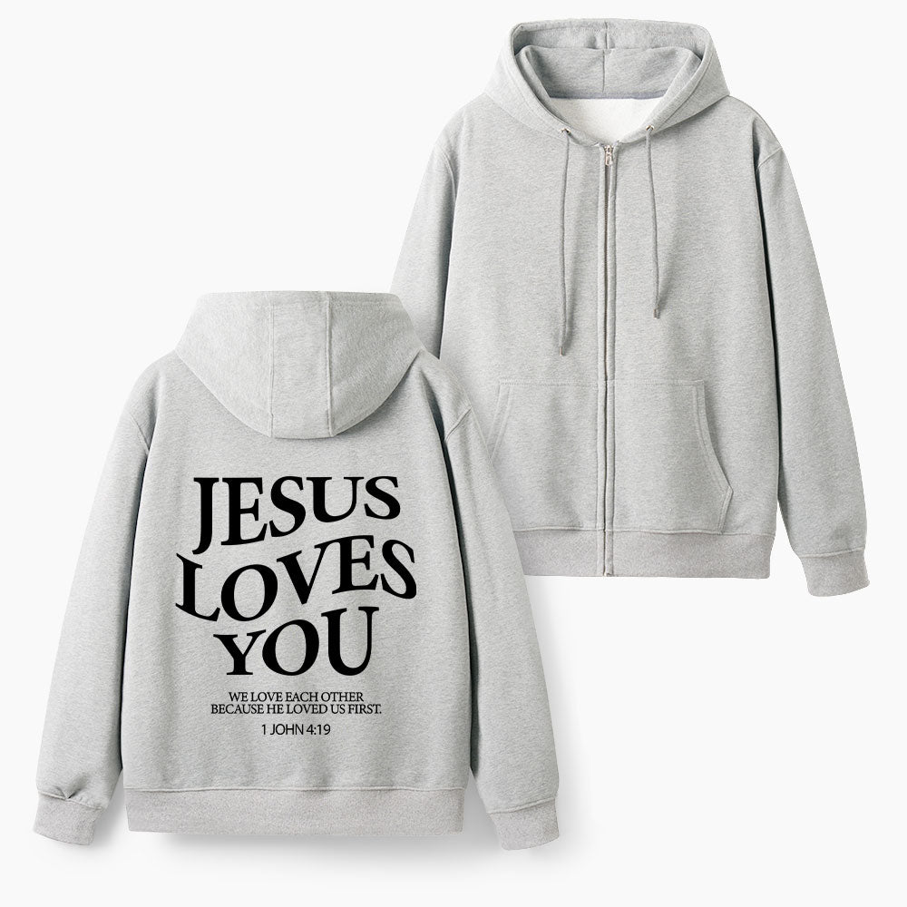 Jesus Loves You Christian Fleece-Lined Full-Zip Hoodie
