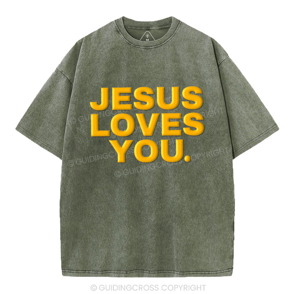 Jesus Loves You Christian Puff Printed Washed T-Shirt