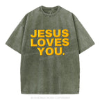 Jesus Loves You Christian Puff Printed Washed T-Shirt