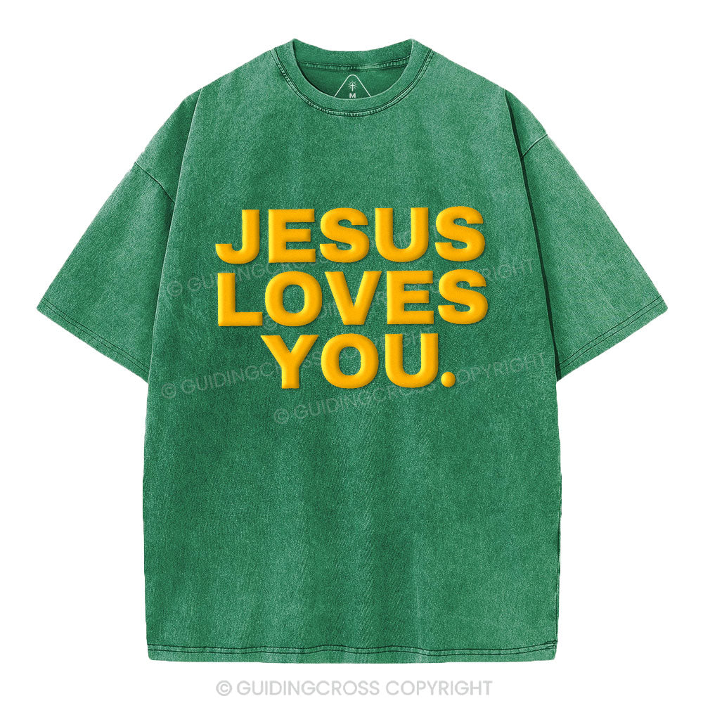 Jesus Loves You Christian Puff Printed Washed T-Shirt
