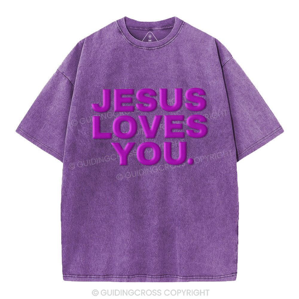 Jesus Loves You Christian Puff Printed Washed T-Shirt