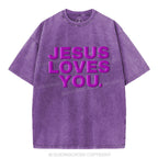 Jesus Loves You Christian Puff Printed Washed T-Shirt