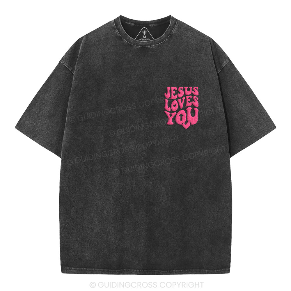 Jesus Loves You Christian Puff Printed Washed T-Shirt