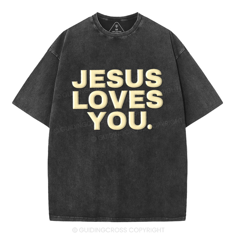 Jesus Loves You Christian Puff Printed Washed T-Shirt
