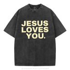 Jesus Loves You Christian Puff Printed Washed T-Shirt