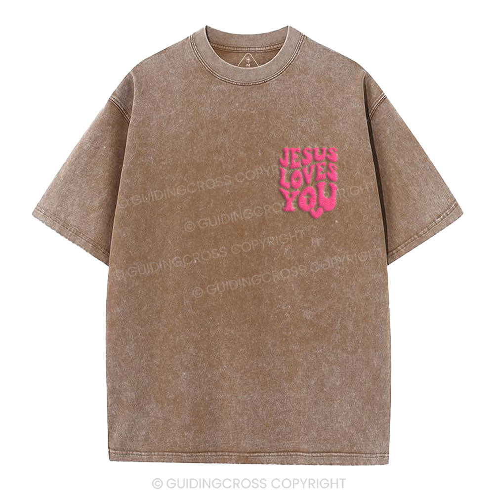 Jesus Loves You Christian Puff Printed Washed T-Shirt