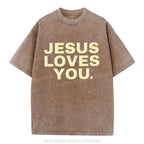 Jesus Loves You Christian Puff Printed Washed T-Shirt