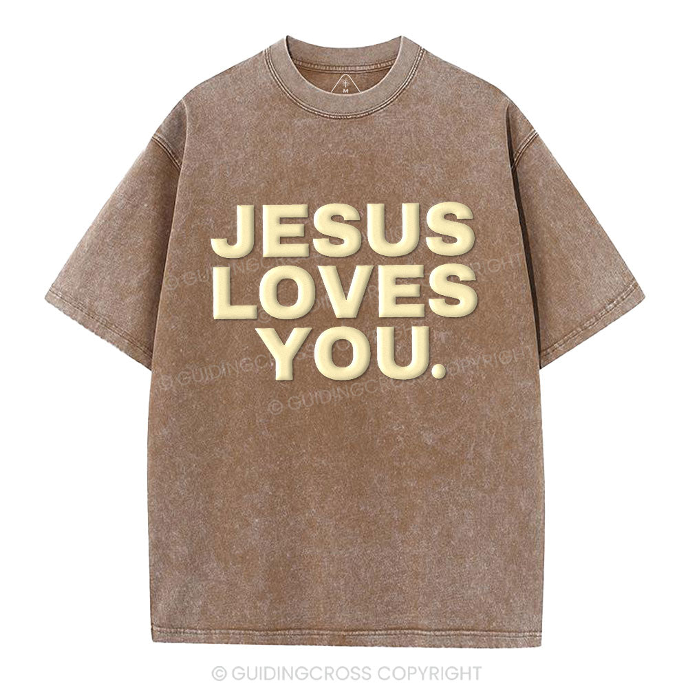 Jesus Loves You Christian Puff Printed Washed T-Shirt