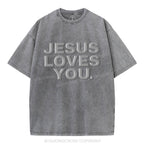 Jesus Loves You Christian Puff Printed Washed T-Shirt