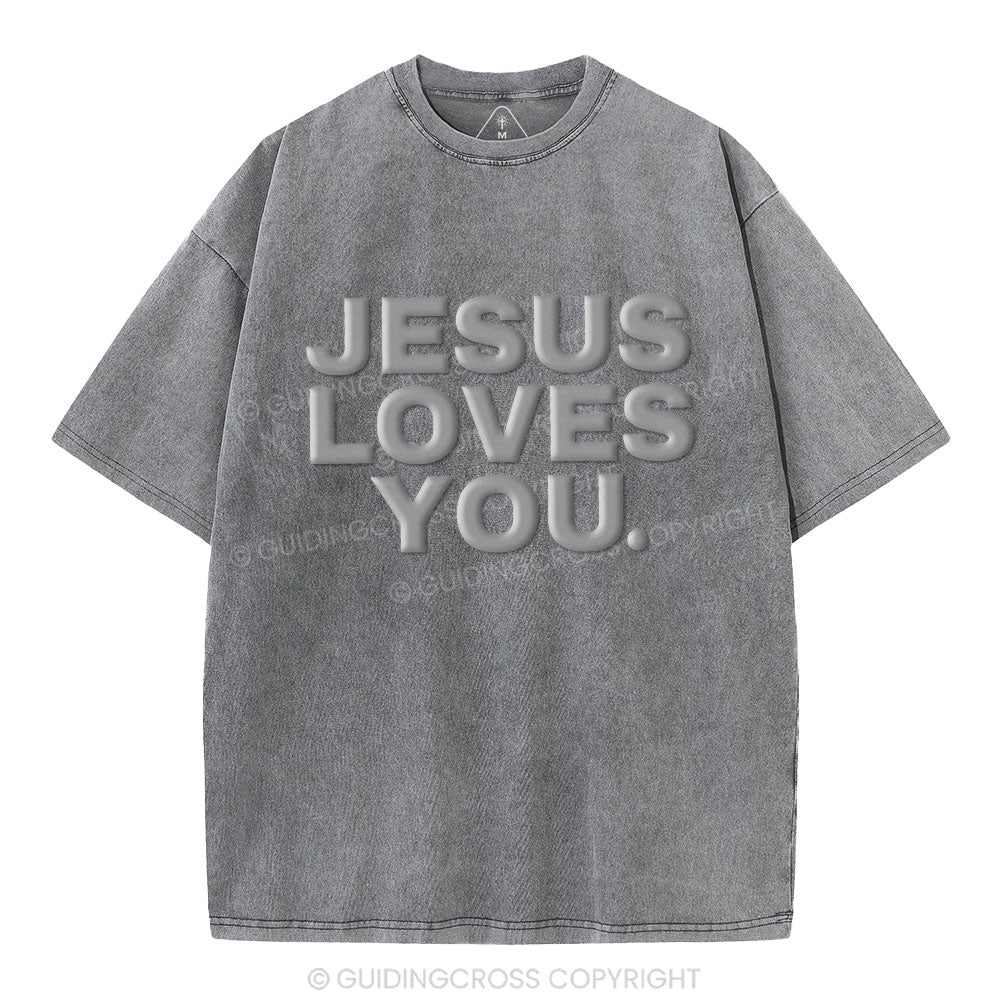 Jesus Loves You Christian Puff Printed Washed T-Shirt