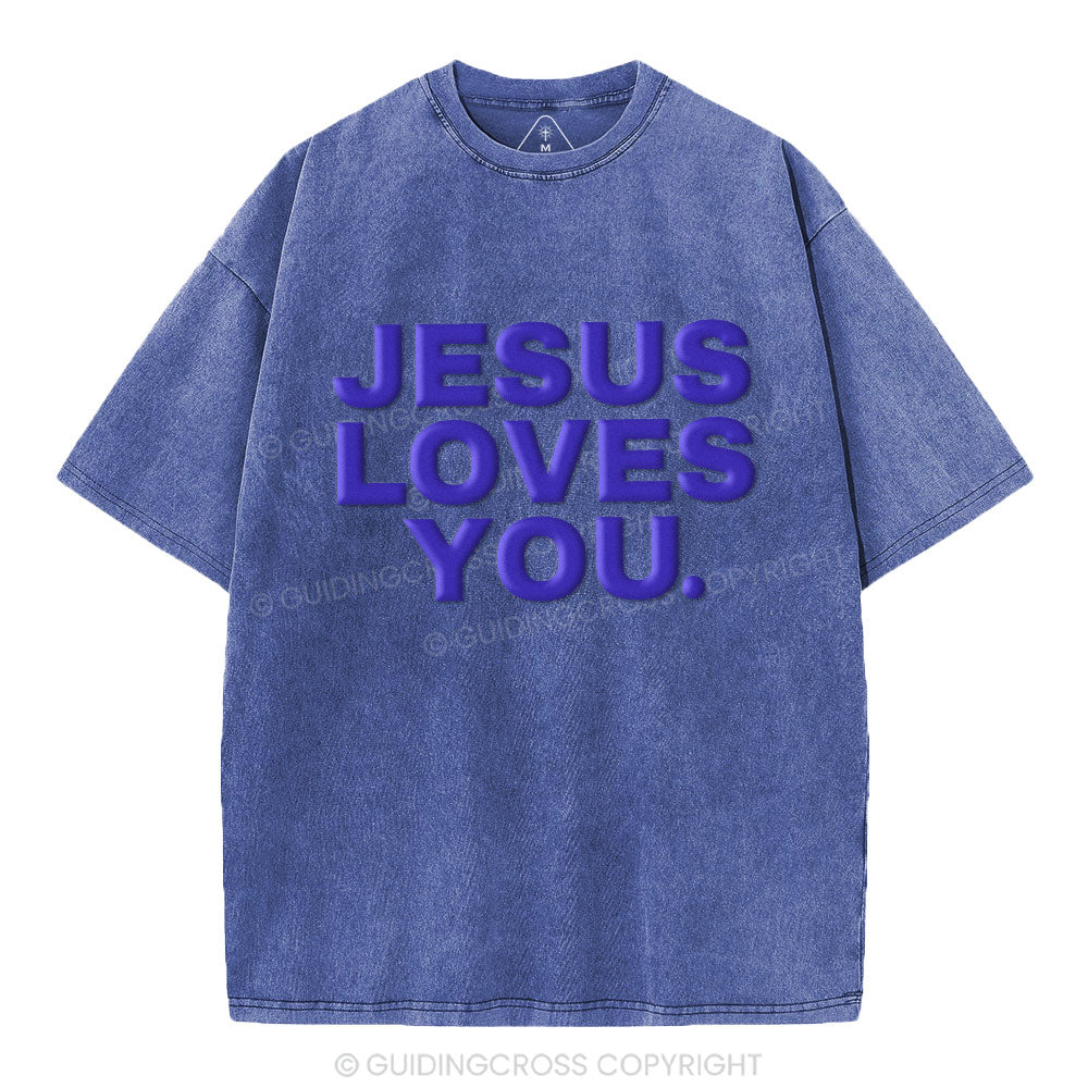 Jesus Loves You Christian Puff Printed Washed T-Shirt