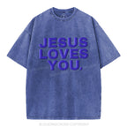 Jesus Loves You Christian Puff Printed Washed T-Shirt