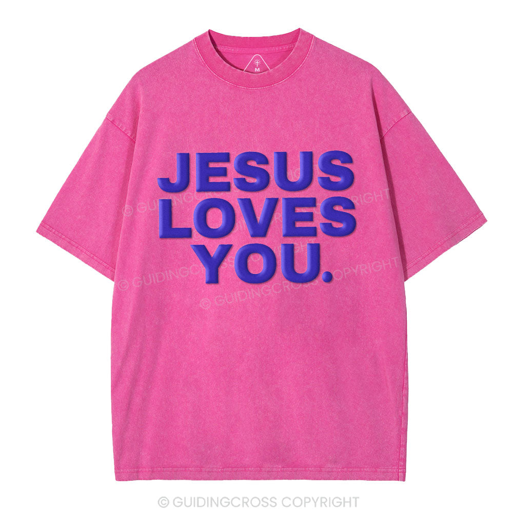 Jesus Loves You Christian Puff Printed Washed T-Shirt
