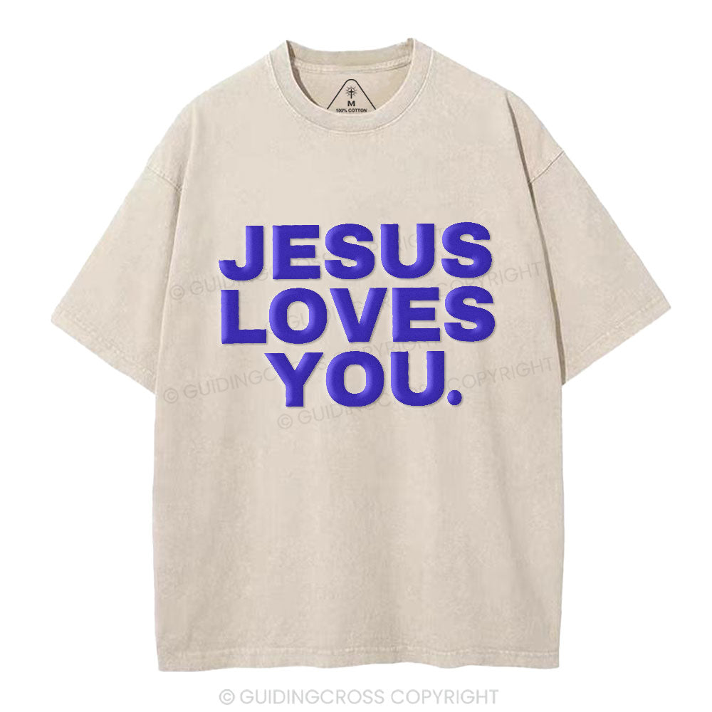 Jesus Loves You Christian Puff Printed Washed T-Shirt
