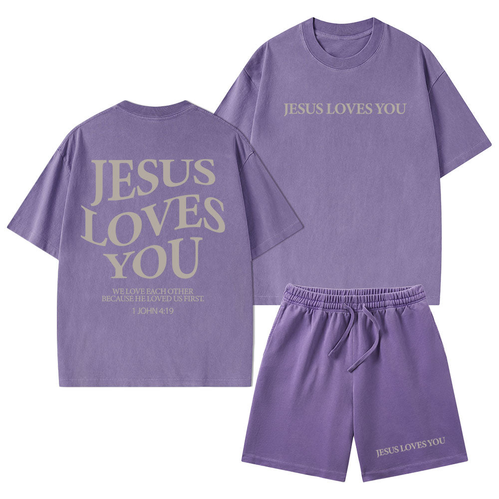 Jesus Loves You Christian Washed T-Shirt & Shorts