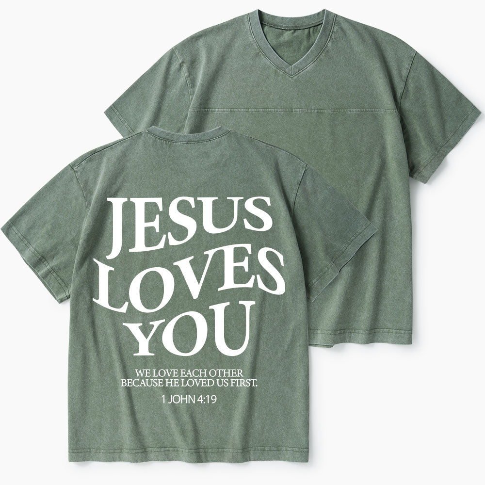 Jesus Loves You Christian Washed V-Neck T-Shirt