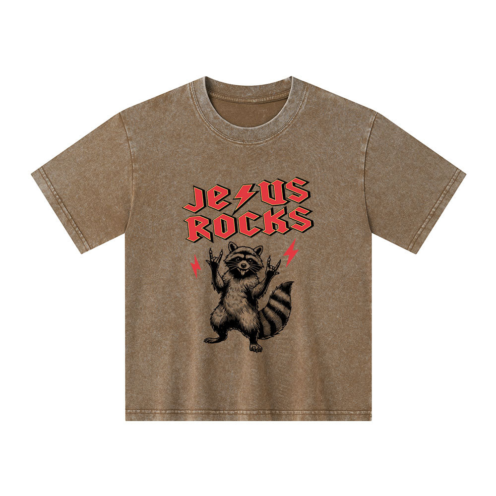 Jesus Rocks Christian Kid Washed T-Shirt