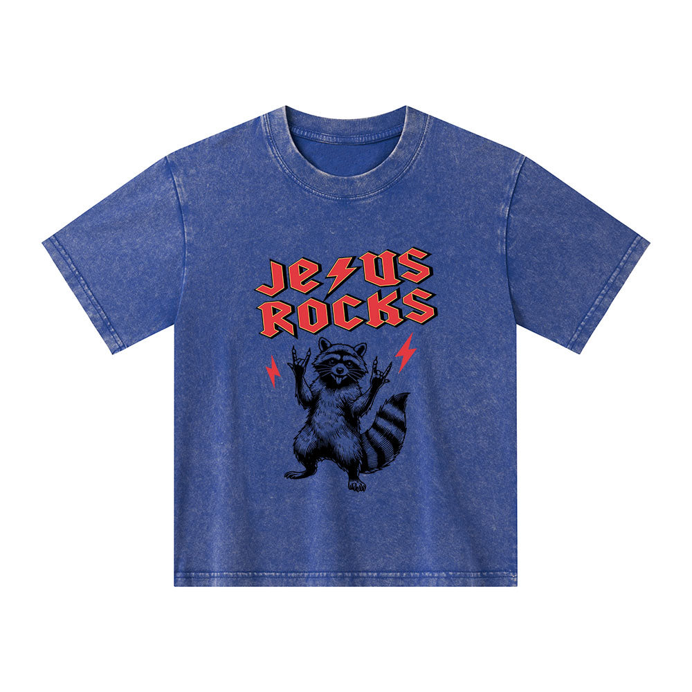 Jesus Rocks Christian Kid Washed T-Shirt
