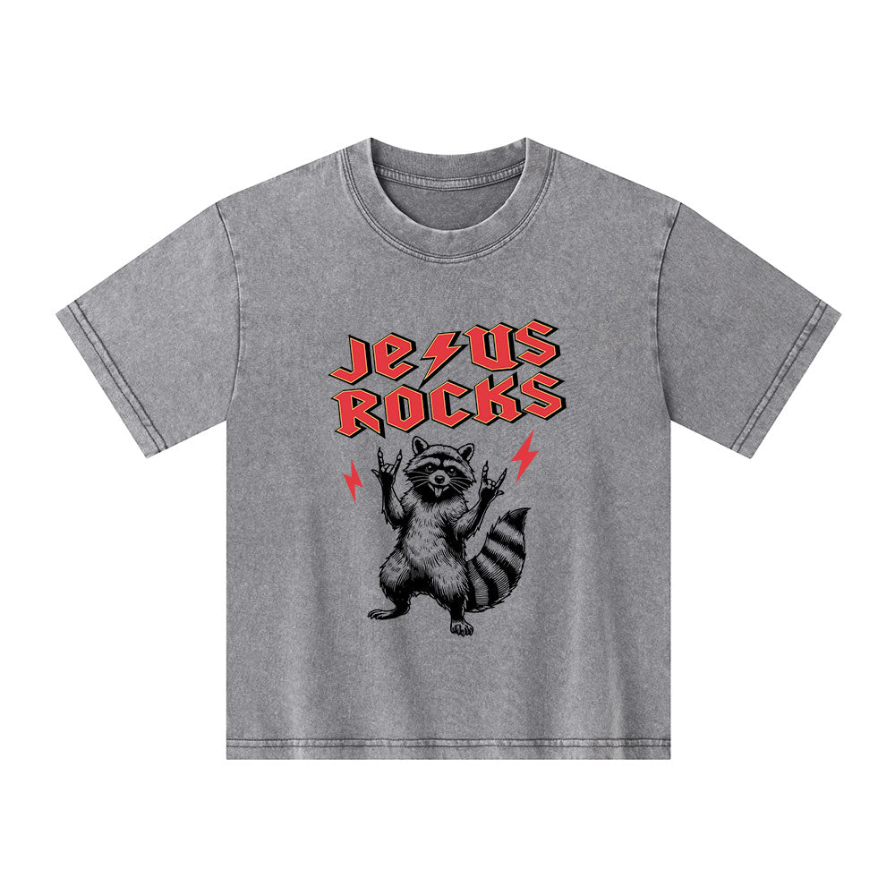 Jesus Rocks Christian Kid Washed T-Shirt