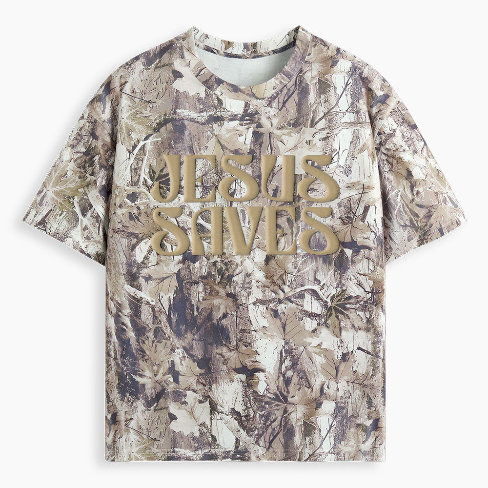 Jesus Saves Christian Puff Printed Camo T-Shirt
