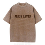 Jesus Saves Christian Puff Printed Washed T-Shirt