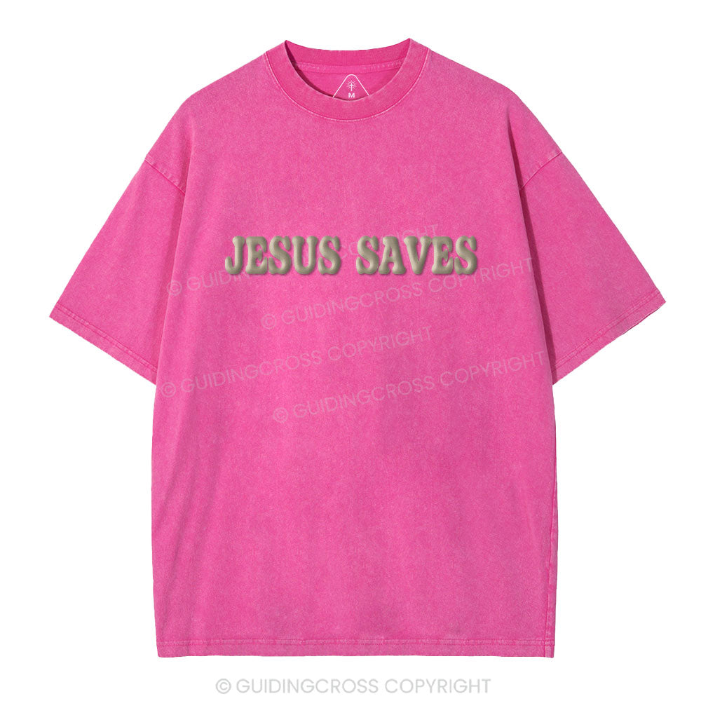 Jesus Saves Christian Puff Printed Washed T-Shirt