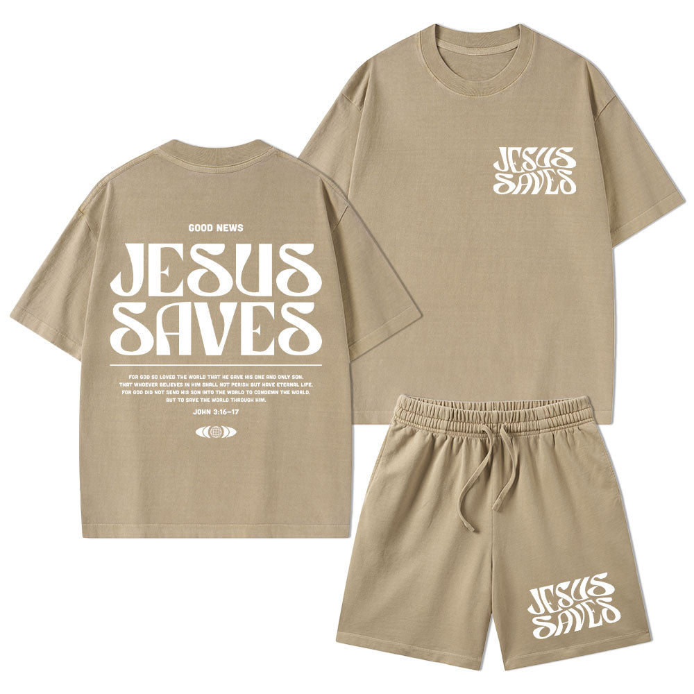 Jesus Saves Christian Washed T-Shirt & Shorts