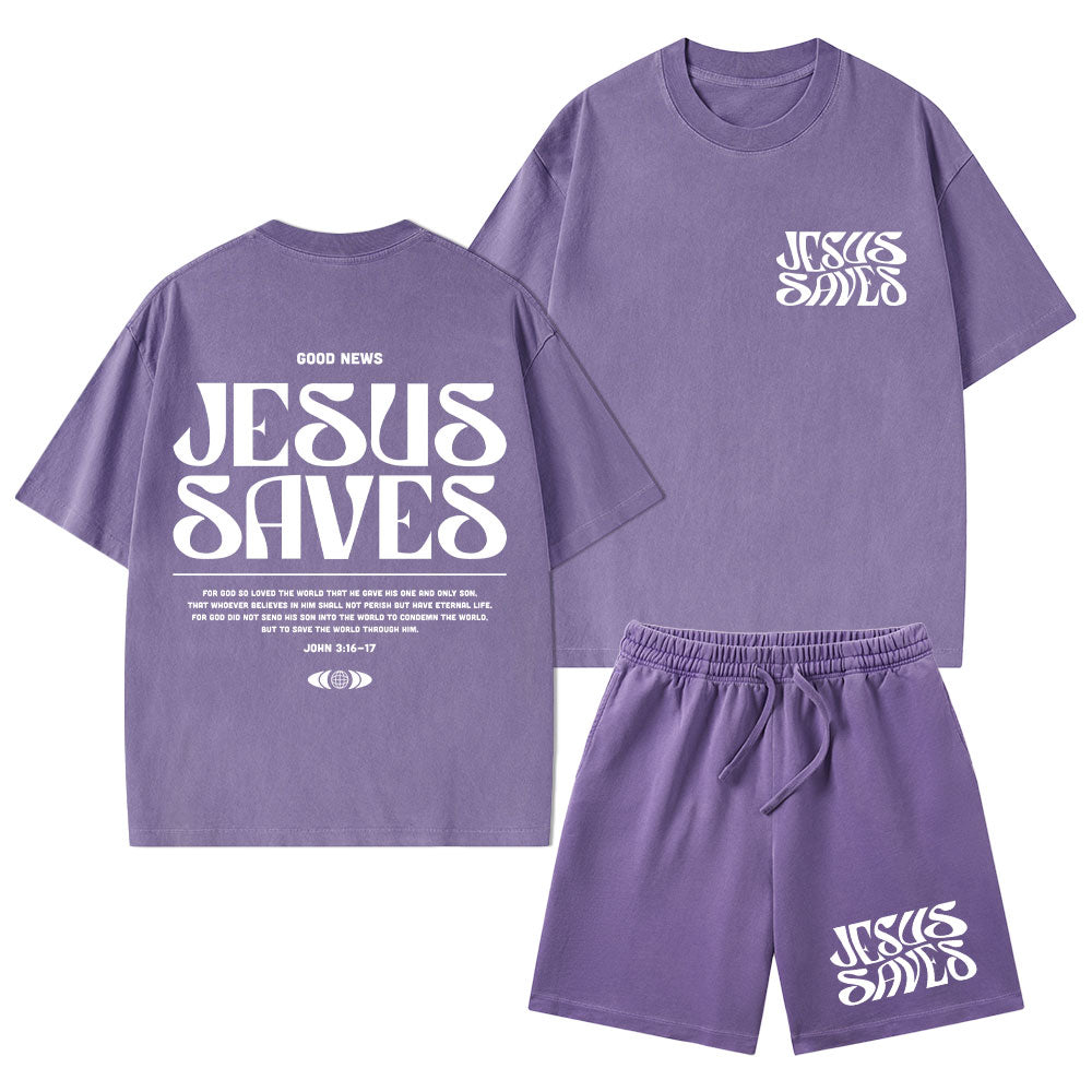 Jesus Saves Christian Washed T-Shirt & Shorts