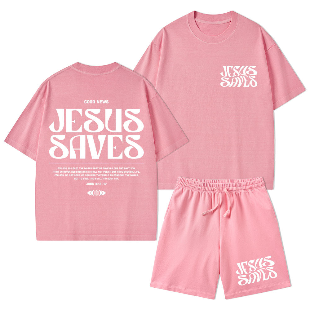 Jesus Saves Christian Washed T-Shirt & Shorts
