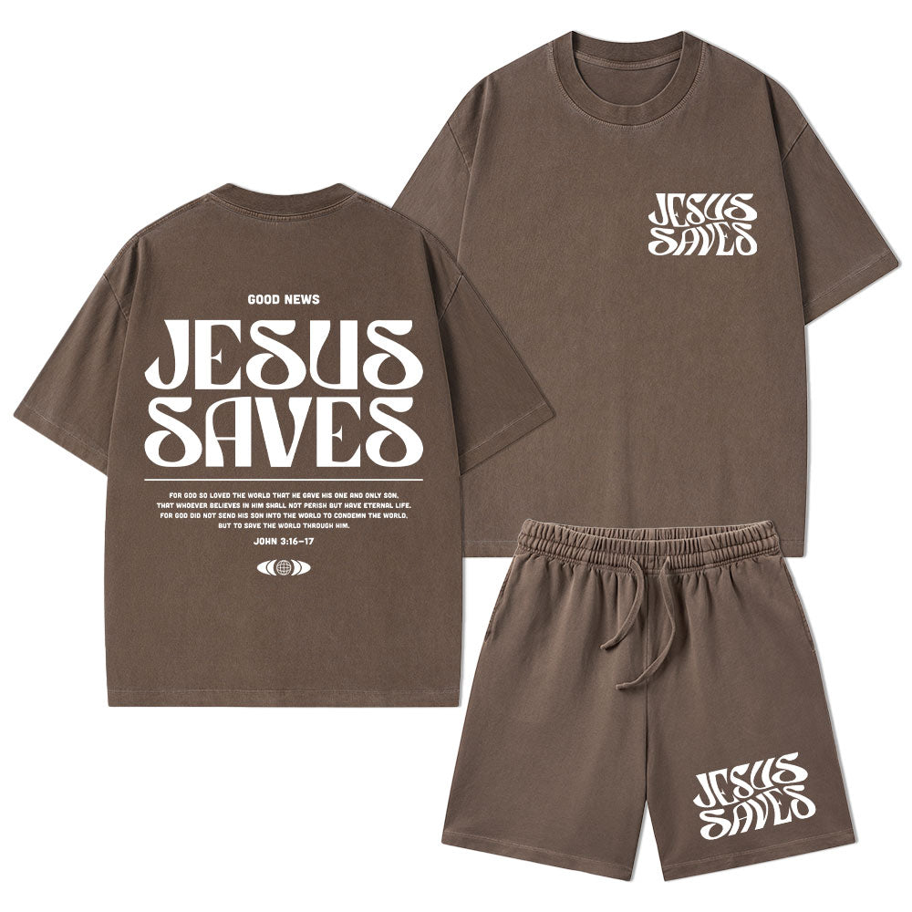 Jesus Saves Christian Washed T-Shirt & Shorts