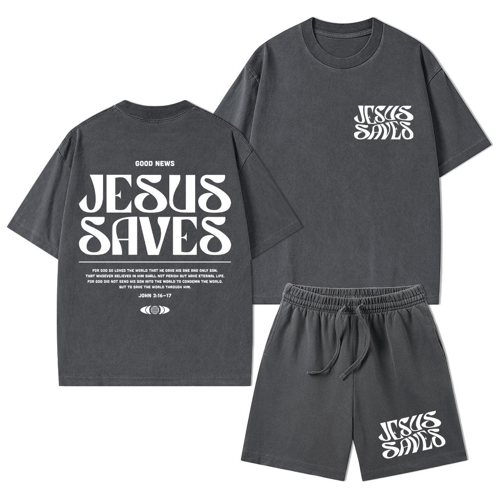 Jesus Saves Christian Washed T-Shirt & Shorts