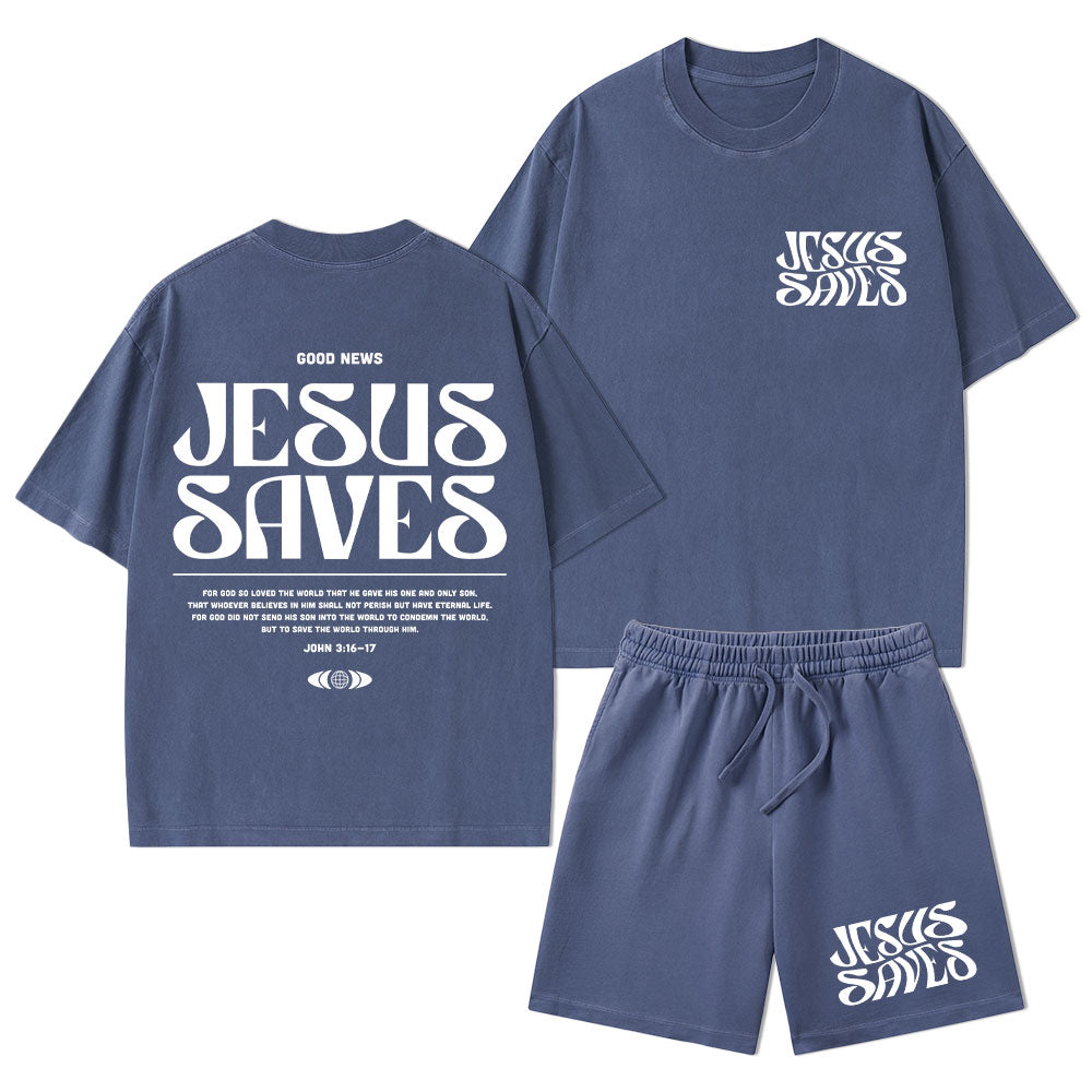 Jesus Saves Christian Washed T-Shirt & Shorts